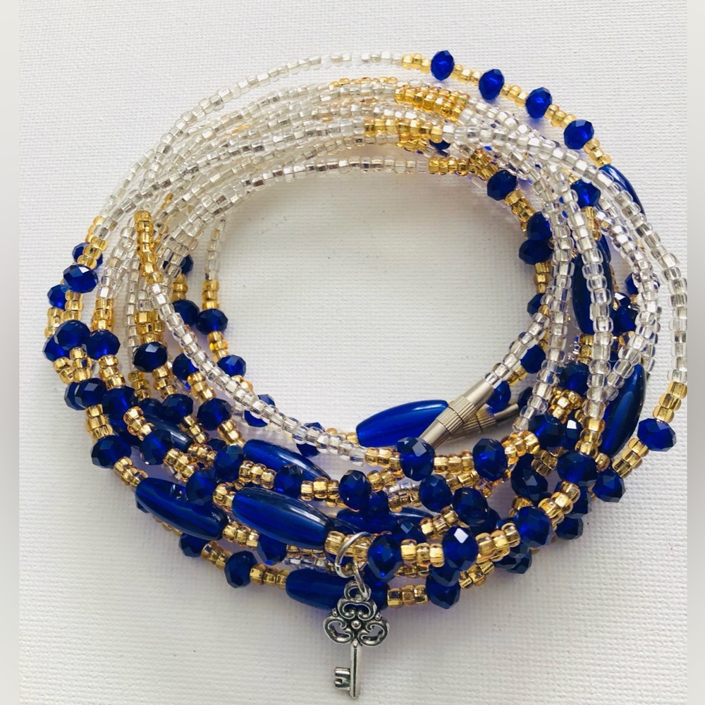 Elegant Blue and Gold African Beaded Waist bead/Waist Chain with Silver Pendant